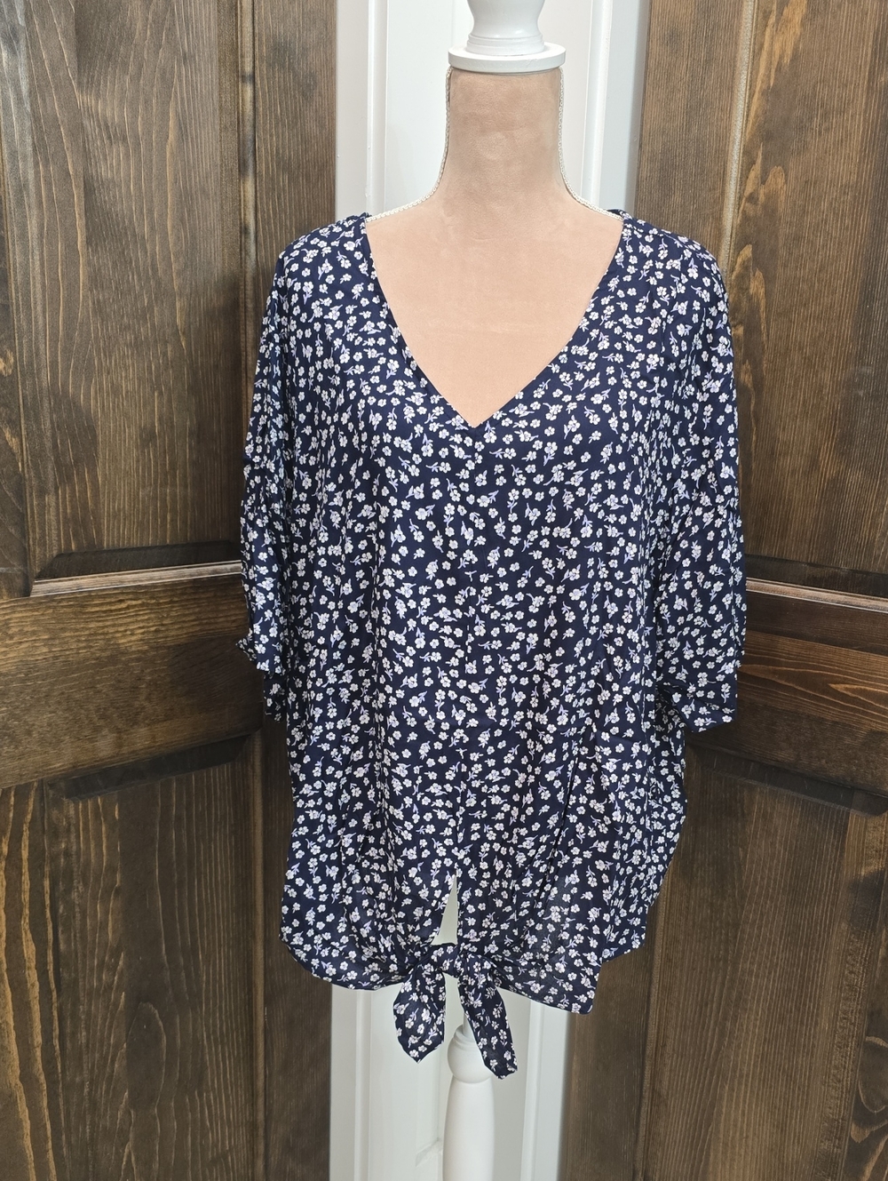 Navy Floral V-Neck Tie-Front Blouse